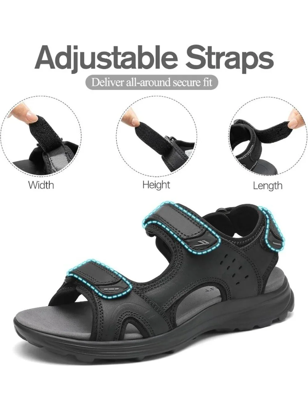 Men's All Black Adjustable Open Toe Leather Athletic Sport Hiking Sandal Shoes